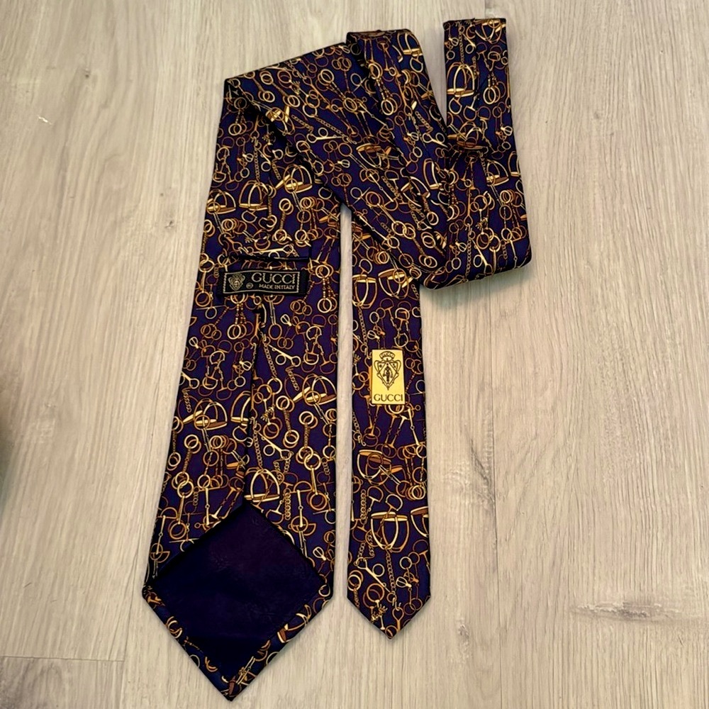 Gucci Navy and Gold Horse Bit 100% Silk Tie